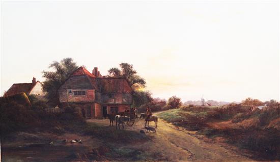 Walter Williams (1835-1906) Figures and horses by an inn at sunset, 24 x 42in.
